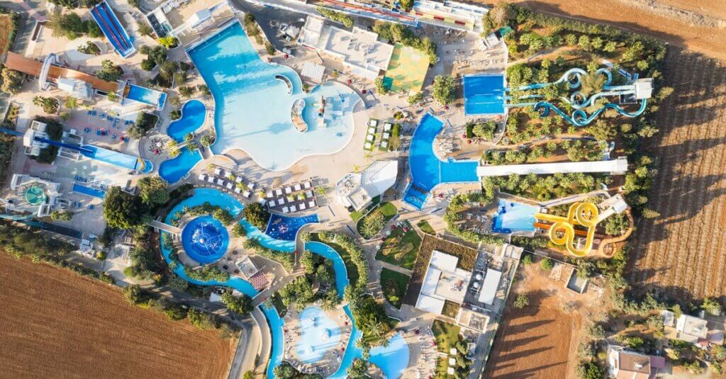 Stunning aerial view of a vibrant waterpark in Ayia Napa, Cyprus.