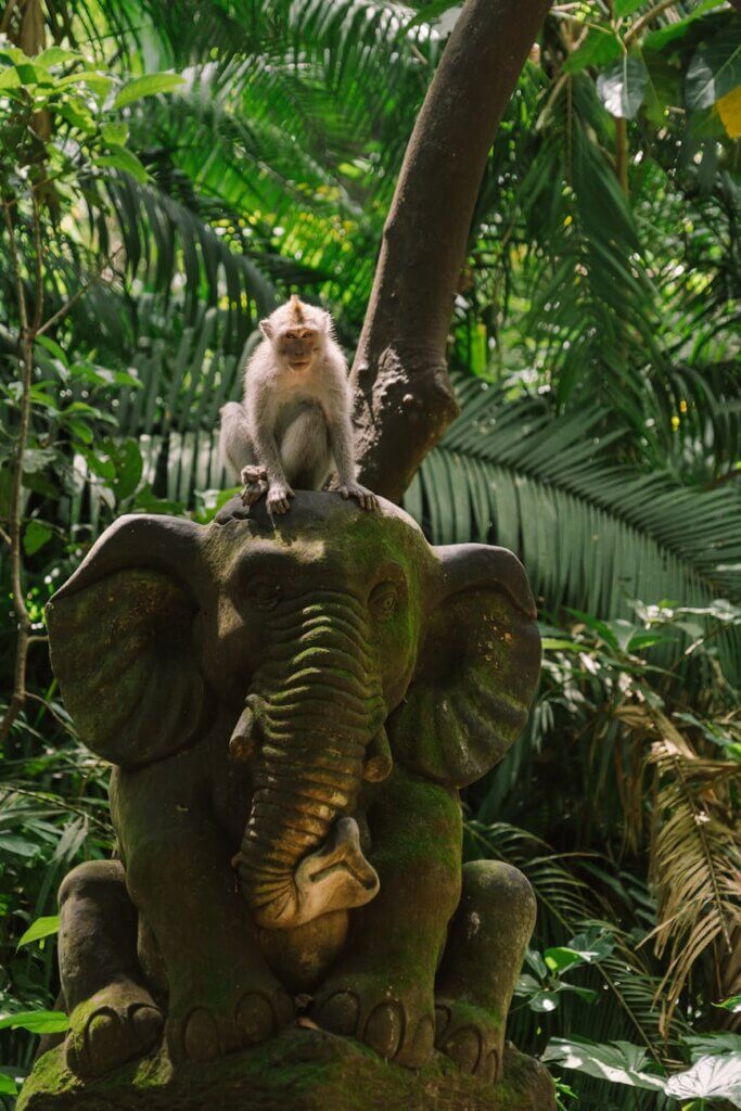 A macaque monkey perched on an elephant statue amidst lush greenery in Bali, Indonesia.