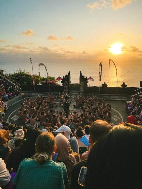 Witness the captivating Kecak dance at sunset in Uluwatu Temple, Bali, Indonesia.