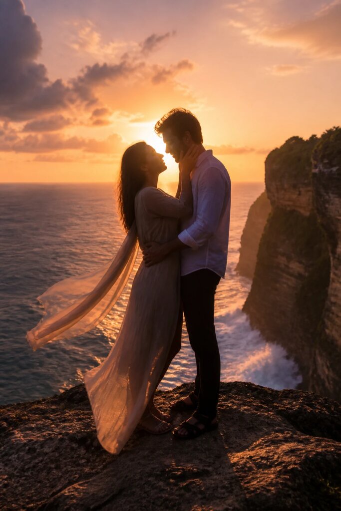 A high-resolution, cinematic photograph of a couple as the main subject standing on the edge of a rugged Uluwatu cliff at sunset. The scene captures a dramatic cliffside panorama with roaring waves crashing far below, a soft golden-orange sky melting into dusky purples, and a gentle sea breeze. The couple is positioned with the sun behind them to create a subtle, elongated silhouette, their bodies slightly angled toward each other to form an intimate, romantic shape. Their hands are near faces, conveying natural expressions; they share a genuine laugh or whispered moment, eyes light and relaxed. One partner wears a light, airy scarf that drapes elegantly in the breeze for added movement without introducing wind-induced hair disruption. The edge-of-the-world atmosphere is emphasized by the cliff’s jagged edge in the foreground and the vast, open seascape beyond, with warm backlighting illuminating soft hair and clothing silhouettes. The overall mood is epic yet tender, balancing adrenaline and romance, with pristine, detailed textures on the cliff, sea spray catching the light, and a clean, uncluttered frame that avoids any text.